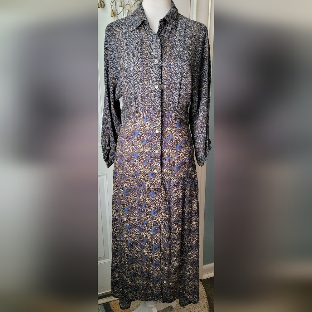 Bl^nk London Anthropologie Midi Dress Womens S Black Blue Tan Animal Print Boho - Picture 2 of 15